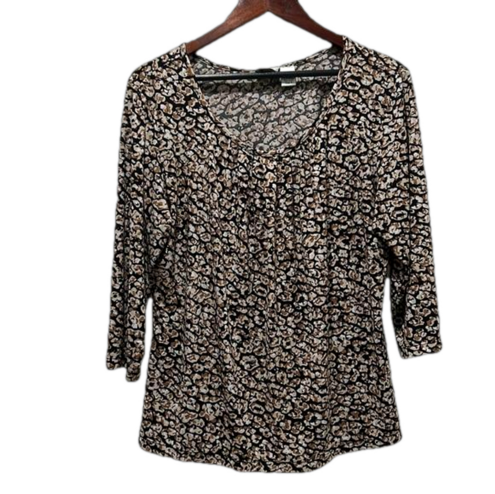 Chico’s long sleeve floral black tan blouse size 3 GUC